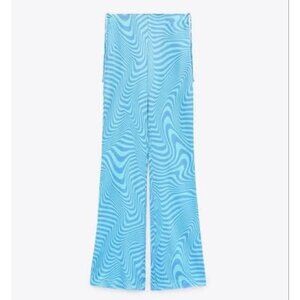 Retro Zara High Rise Satin Side Tie Flare Pants Stretch Bell Bottom Blue Size XS